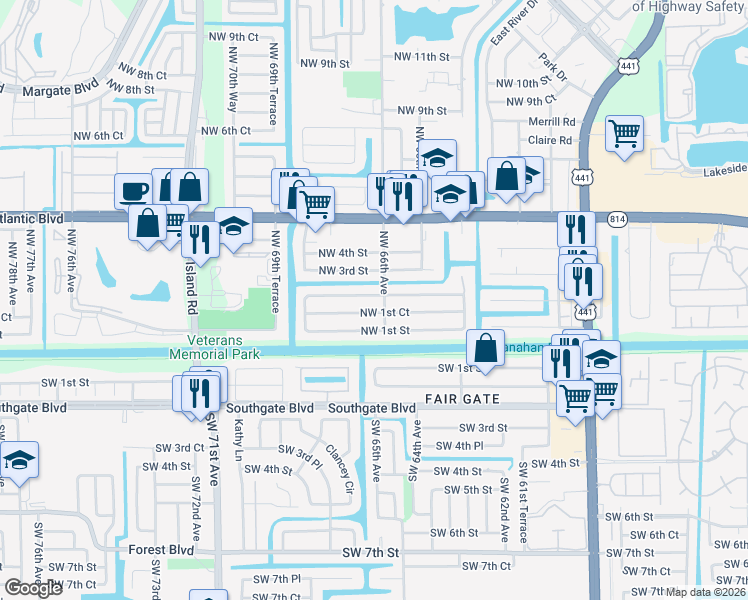 map of restaurants, bars, coffee shops, grocery stores, and more near 6645 Northwest 1st Court in Margate