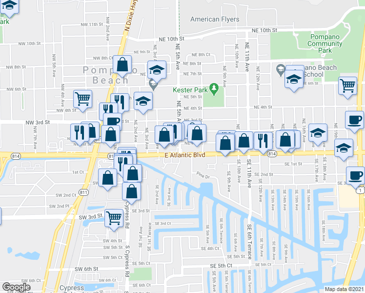 map of restaurants, bars, coffee shops, grocery stores, and more near 500 Northeast 1st Street in Pompano Beach