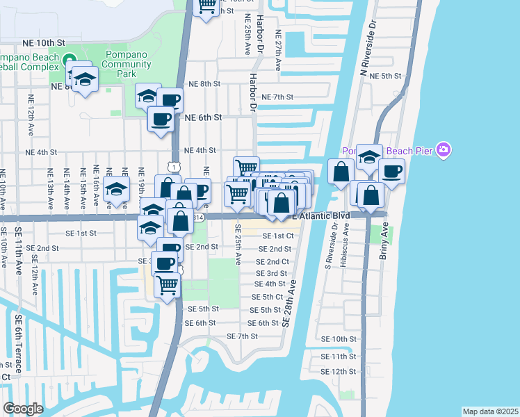 map of restaurants, bars, coffee shops, grocery stores, and more near in Pompano Beach
