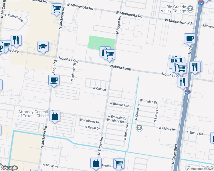 map of restaurants, bars, coffee shops, grocery stores, and more near 4104 North Ebony Drive in Pharr