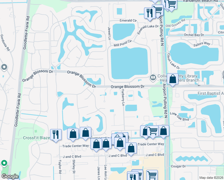 map of restaurants, bars, coffee shops, grocery stores, and more near 2120 Cay Lagoon Drive in Naples