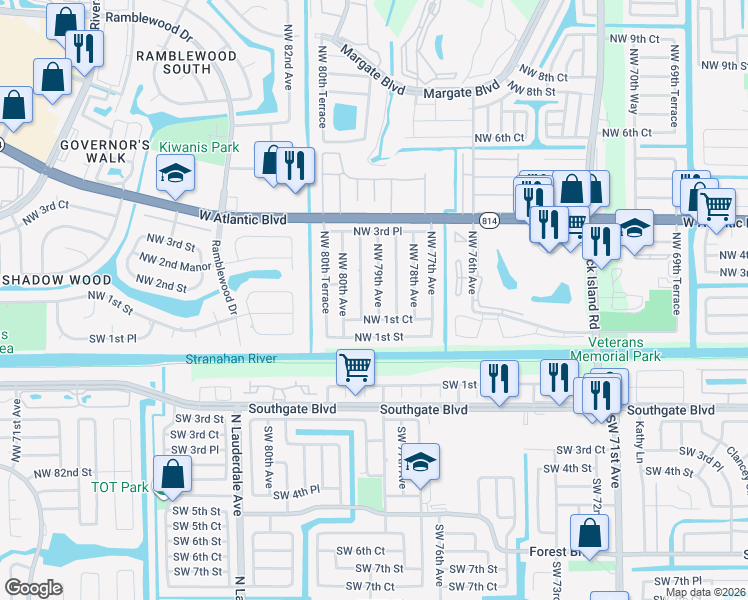 map of restaurants, bars, coffee shops, grocery stores, and more near 148 Northwest 79th Avenue in Margate