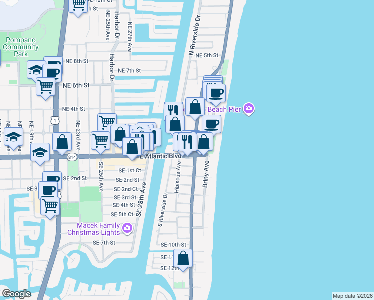 map of restaurants, bars, coffee shops, grocery stores, and more near 3346 East Atlantic Boulevard in Pompano Beach