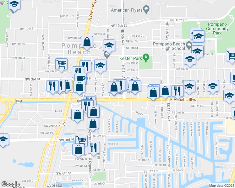 map of restaurants, bars, coffee shops, grocery stores, and more near 437 East Atlantic Boulevard in Pompano Beach