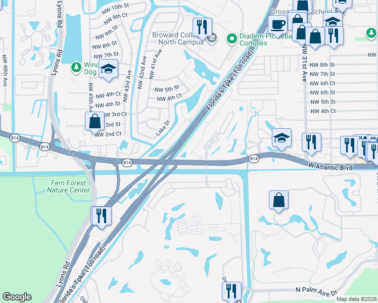 map of restaurants, bars, coffee shops, grocery stores, and more near 3575 West Atlantic Boulevard in Pompano Beach