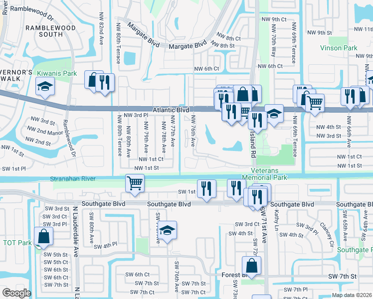 map of restaurants, bars, coffee shops, grocery stores, and more near 201 Northeast 1st Street in Margate
