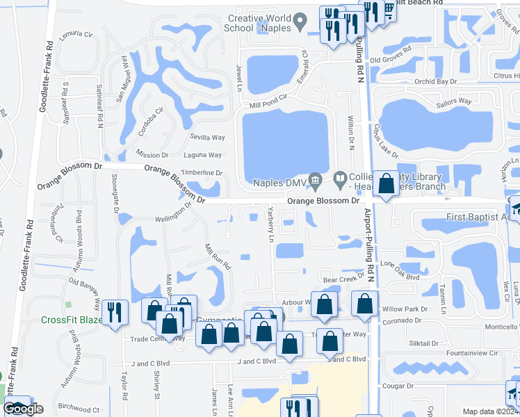 map of restaurants, bars, coffee shops, grocery stores, and more near 2145 Cay Lagoon Drive in Naples