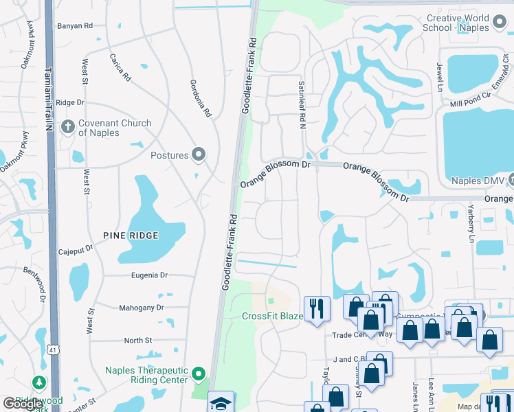 map of restaurants, bars, coffee shops, grocery stores, and more near 7113 Timberland Circle in Naples