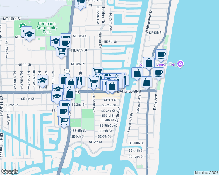 map of restaurants, bars, coffee shops, grocery stores, and more near in Pompano Beach