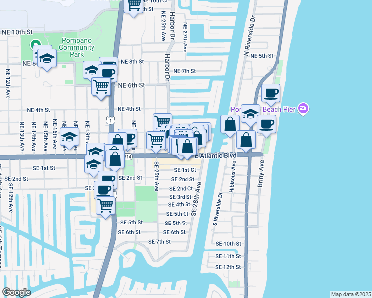 map of restaurants, bars, coffee shops, grocery stores, and more near in Pompano Beach