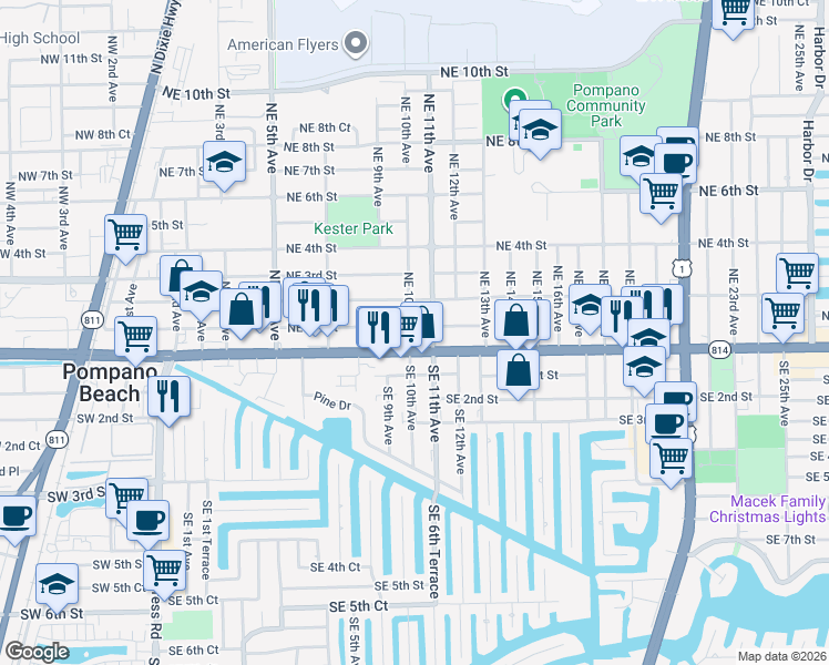 map of restaurants, bars, coffee shops, grocery stores, and more near 1003 East Atlantic Boulevard in Pompano Beach