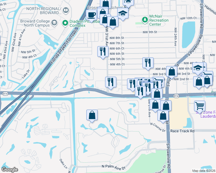map of restaurants, bars, coffee shops, grocery stores, and more near 3101 West Atlantic Boulevard in Pompano Beach
