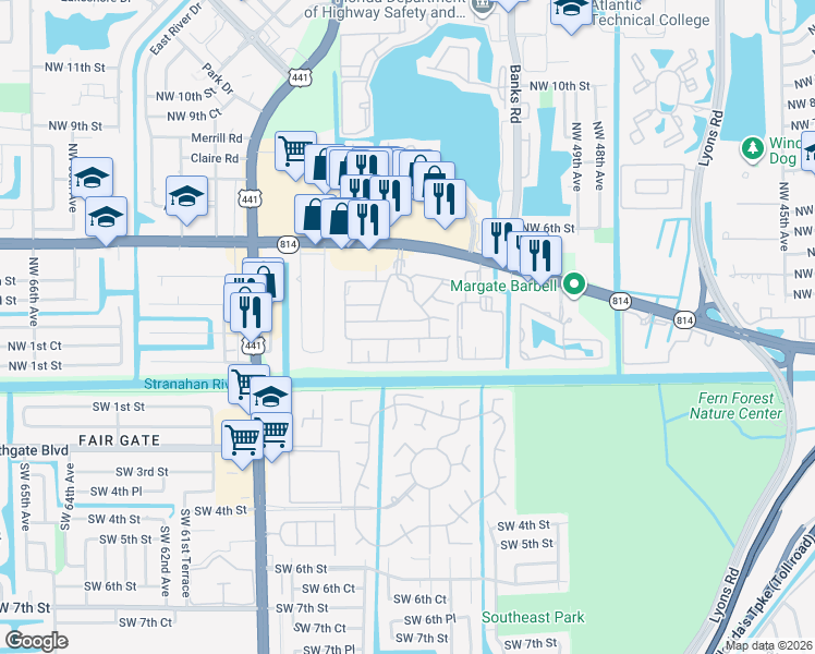 map of restaurants, bars, coffee shops, grocery stores, and more near 5524c Lakewood Circle South in Margate