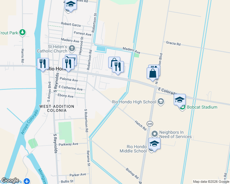 map of restaurants, bars, coffee shops, grocery stores, and more near 28003 Hatch Road in Rio Hondo