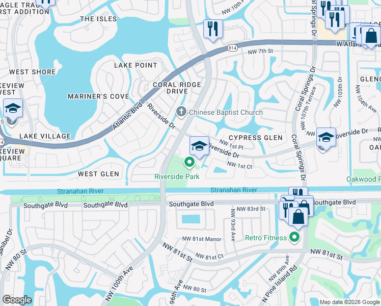 map of restaurants, bars, coffee shops, grocery stores, and more near 11450 Riverside Drive in Coral Springs