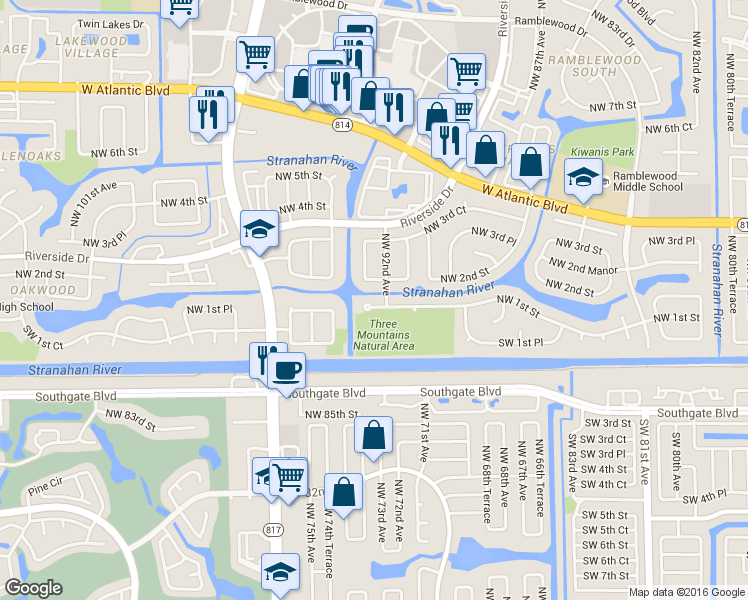 map of restaurants, bars, coffee shops, grocery stores, and more near 9235 Northwest 1st Street in Coral Springs