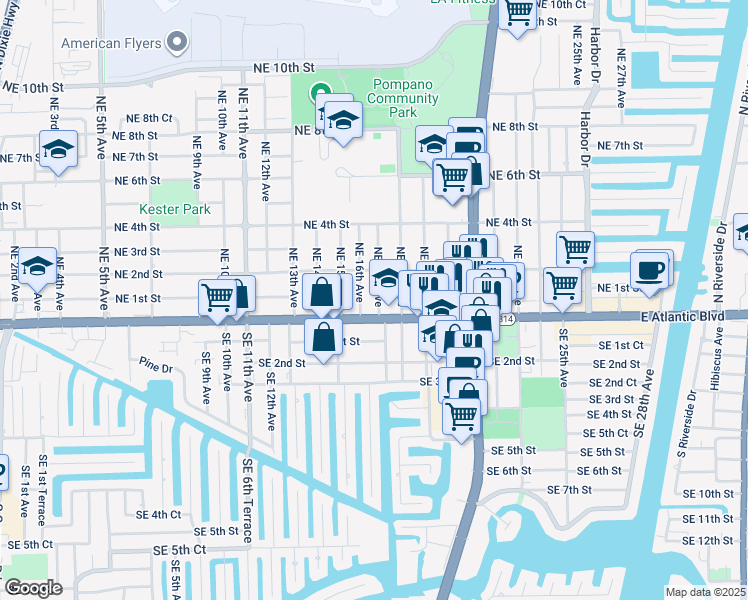 map of restaurants, bars, coffee shops, grocery stores, and more near 11 Northeast 17th Avenue in Pompano Beach