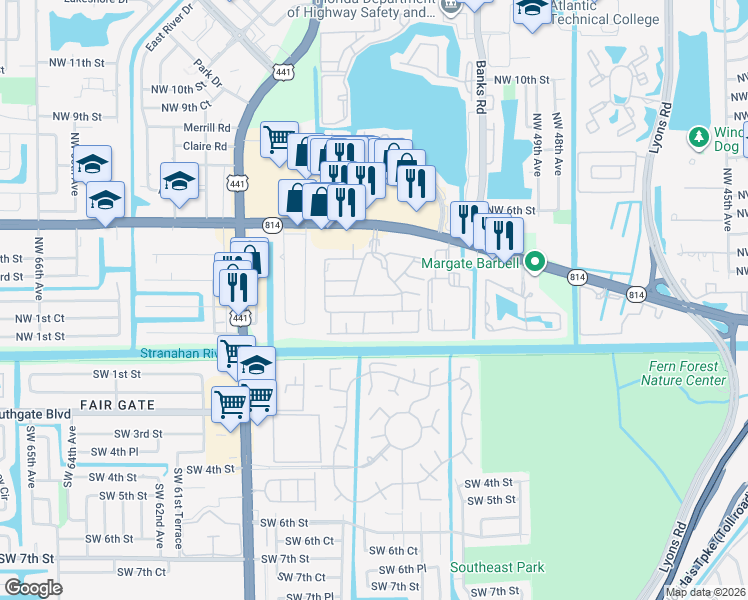 map of restaurants, bars, coffee shops, grocery stores, and more near 5524c Lakewood Circle South in Margate