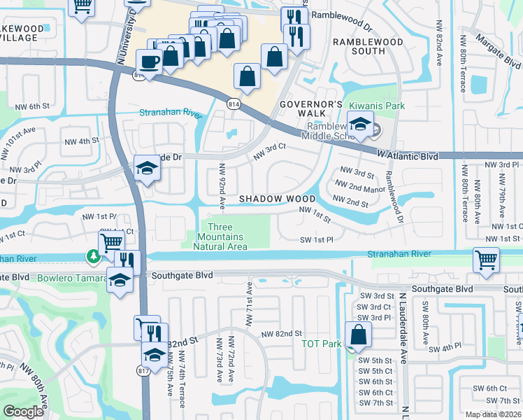 map of restaurants, bars, coffee shops, grocery stores, and more near 8975 Northwest 1st Street in Coral Springs
