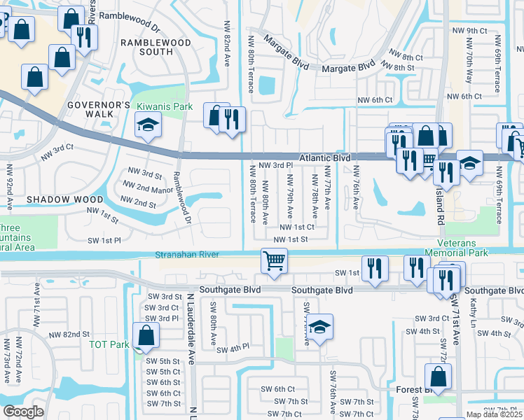 map of restaurants, bars, coffee shops, grocery stores, and more near 165 Northwest 80th Avenue in Margate