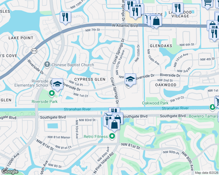 map of restaurants, bars, coffee shops, grocery stores, and more near 10847 Cypress Glen Drive in Coral Springs