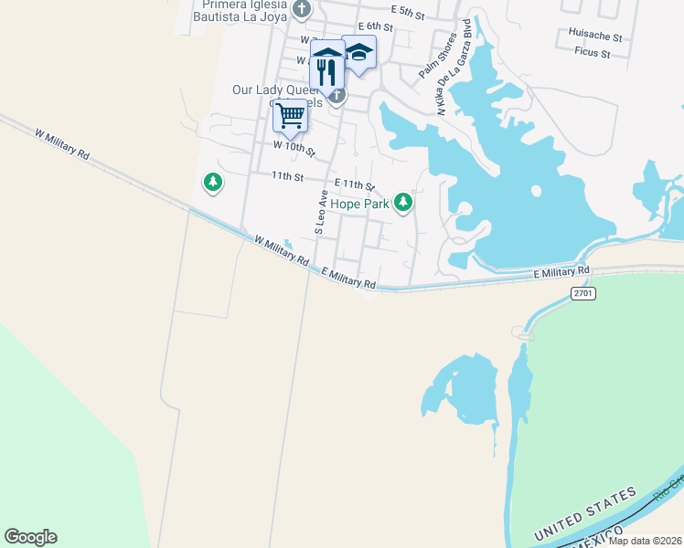 map of restaurants, bars, coffee shops, grocery stores, and more near 205 East Military Road in La Joya