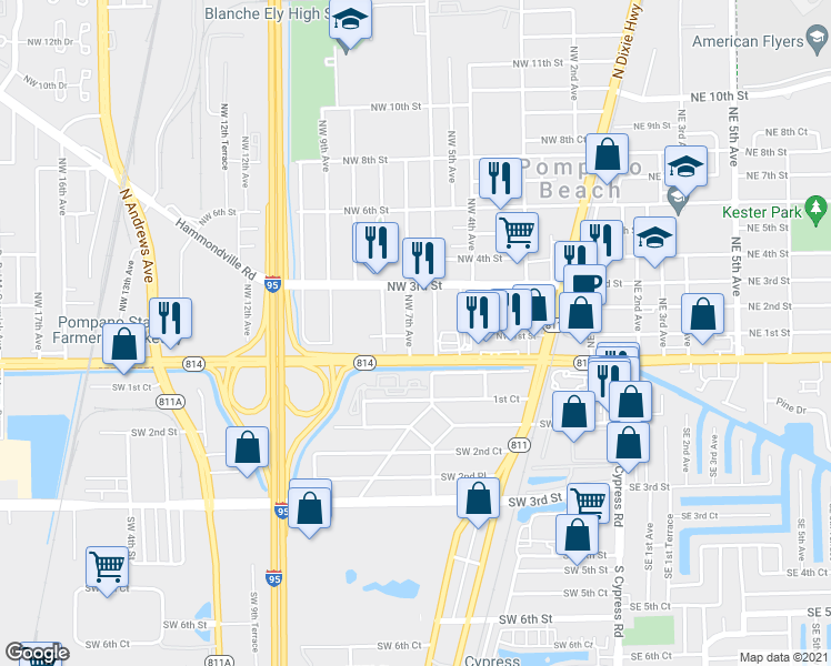 map of restaurants, bars, coffee shops, grocery stores, and more near 700 Northwest 1st Street in Pompano Beach