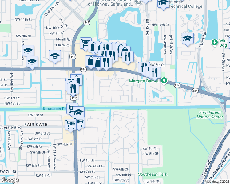 map of restaurants, bars, coffee shops, grocery stores, and more near 5524c Lakewood Circle South in Margate