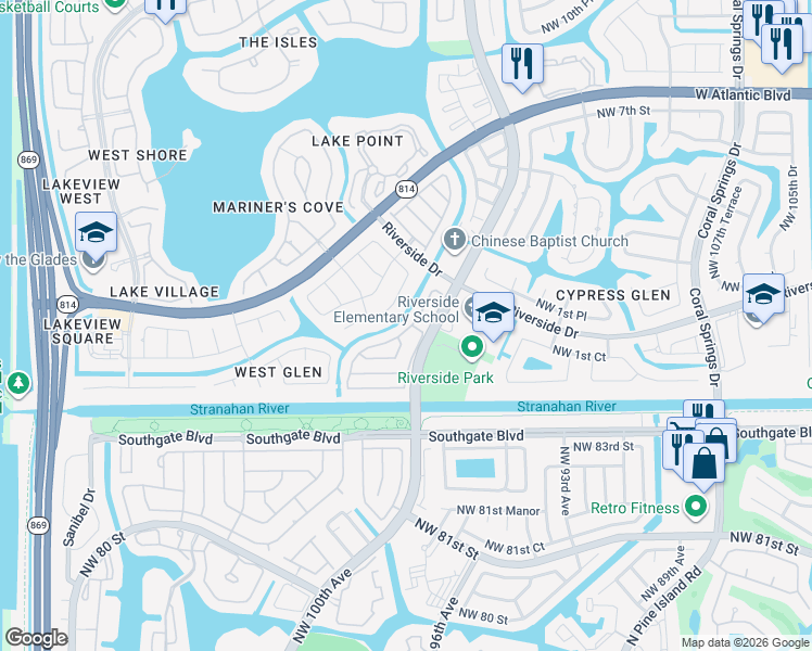 map of restaurants, bars, coffee shops, grocery stores, and more near in Coral Springs
