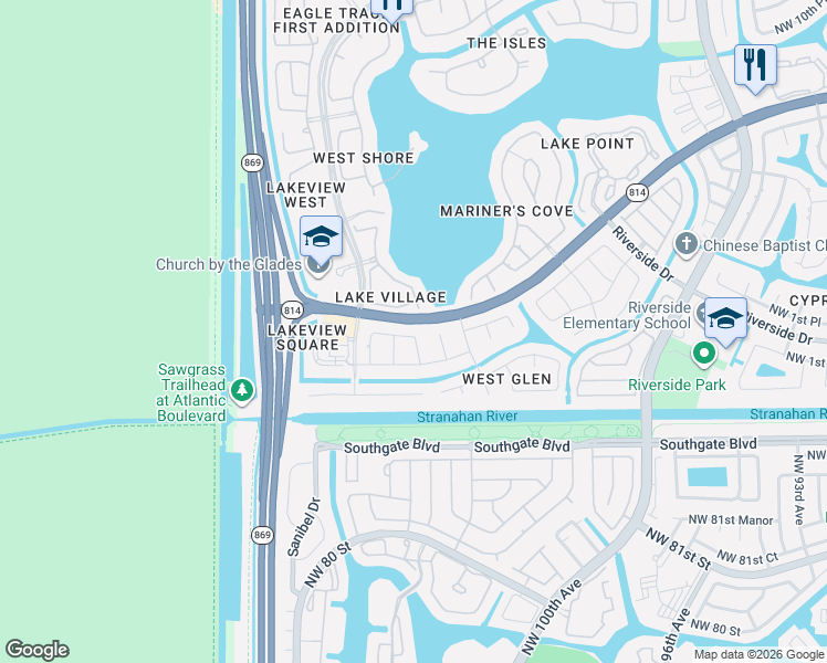 map of restaurants, bars, coffee shops, grocery stores, and more near 251 Northwest 122nd Terrace in Coral Springs