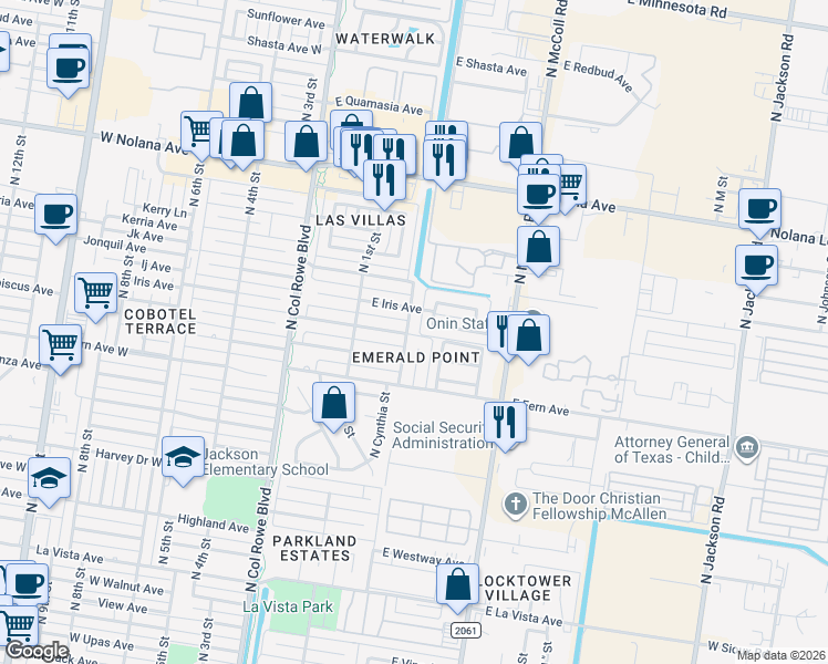 map of restaurants, bars, coffee shops, grocery stores, and more near 3312 North Cynthia Street in McAllen