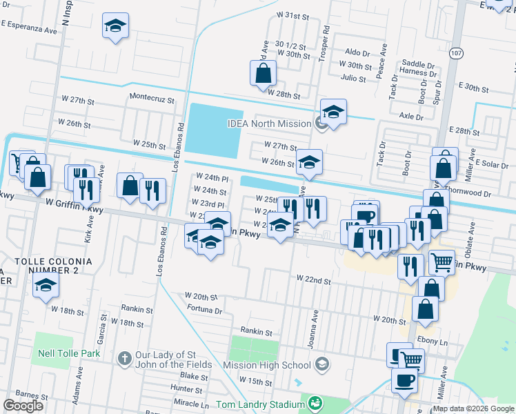 map of restaurants, bars, coffee shops, grocery stores, and more near 1005 West 24th Place in Mission