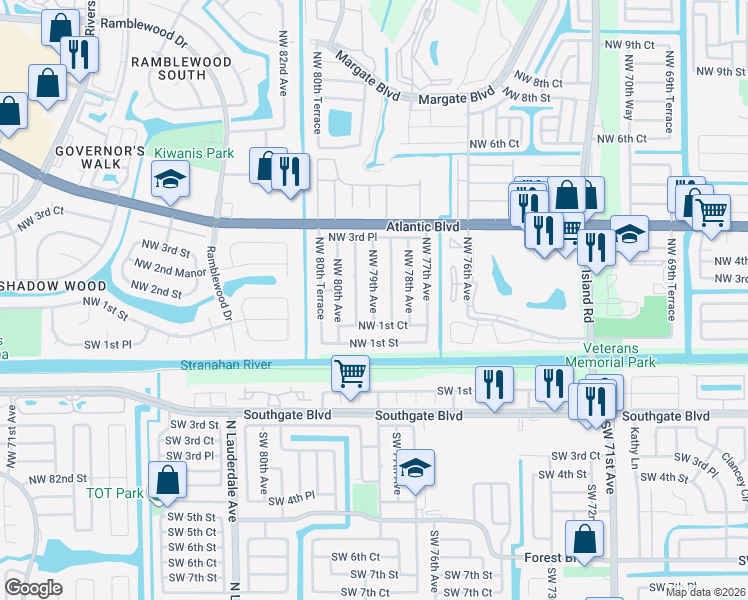 map of restaurants, bars, coffee shops, grocery stores, and more near 148 Northwest 79th Avenue in Margate