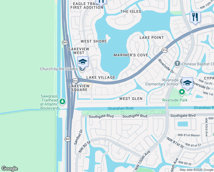 map of restaurants, bars, coffee shops, grocery stores, and more near 251 Northwest 122nd Terrace in Coral Springs
