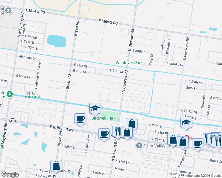 map of restaurants, bars, coffee shops, grocery stores, and more near 2505 Melinda Drive in Mission