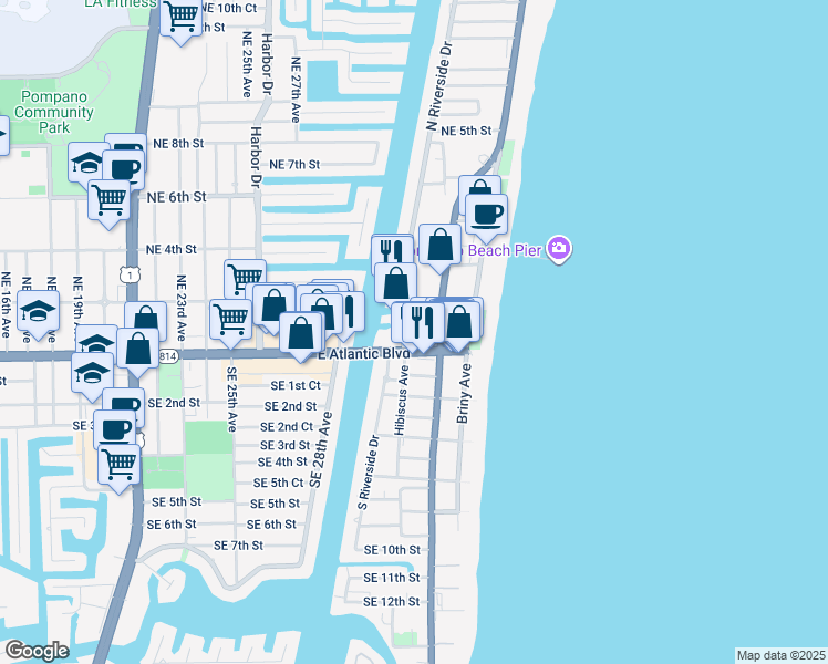 map of restaurants, bars, coffee shops, grocery stores, and more near 3231 East Atlantic Boulevard in Pompano Beach