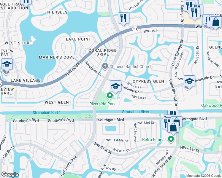 map of restaurants, bars, coffee shops, grocery stores, and more near 11450 Riverside Drive in Coral Springs