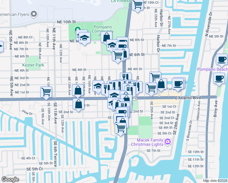 map of restaurants, bars, coffee shops, grocery stores, and more near 1913 East Atlantic Boulevard in Pompano Beach