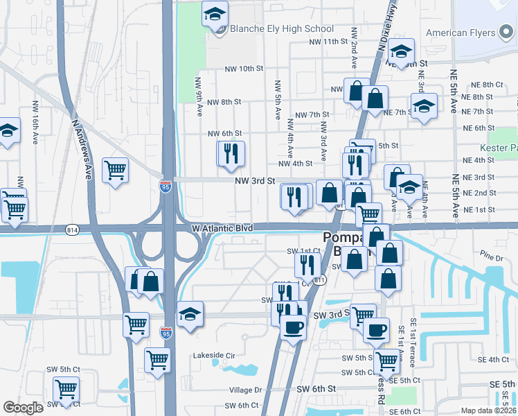 map of restaurants, bars, coffee shops, grocery stores, and more near 700 Northwest 1st Street in Pompano Beach