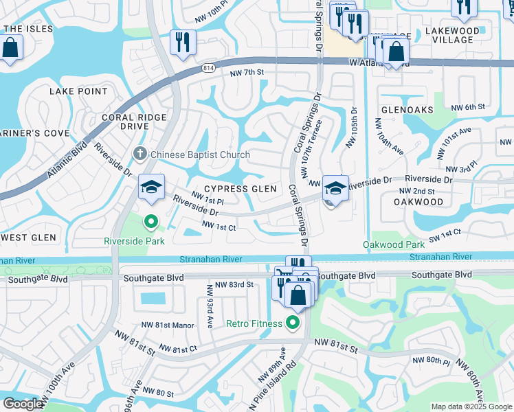 map of restaurants, bars, coffee shops, grocery stores, and more near 10884 Cypress Glen Drive in Coral Springs