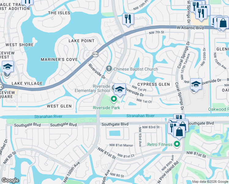 map of restaurants, bars, coffee shops, grocery stores, and more near 11721 Northwest 2nd Court in Coral Springs
