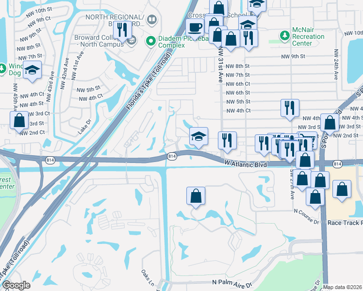 map of restaurants, bars, coffee shops, grocery stores, and more near 3185 West Atlantic Boulevard in Pompano Beach