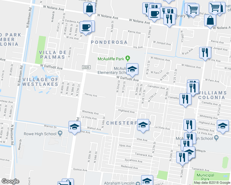 map of restaurants, bars, coffee shops, grocery stores, and more near 2805 North 32nd Street in McAllen