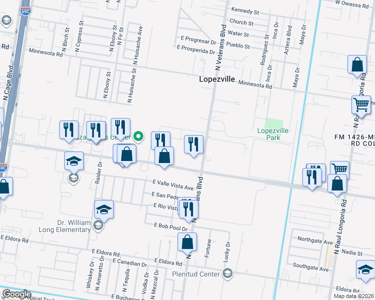 map of restaurants, bars, coffee shops, grocery stores, and more near 4621 North Veterans Boulevard in Pharr