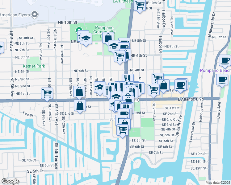 map of restaurants, bars, coffee shops, grocery stores, and more near 1913 East Atlantic Boulevard in Pompano Beach