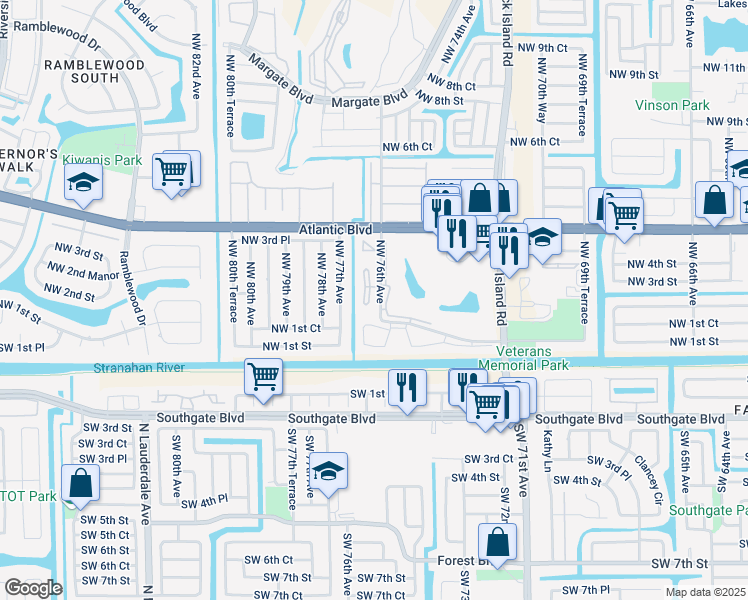 map of restaurants, bars, coffee shops, grocery stores, and more near 201 Northeast 1st Street in Margate