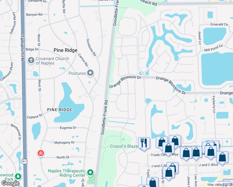 map of restaurants, bars, coffee shops, grocery stores, and more near 7113 Timberland Circle in Naples
