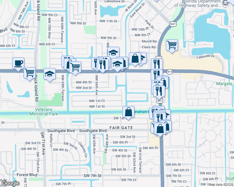map of restaurants, bars, coffee shops, grocery stores, and more near 6539 Northwest 1st Court in Margate