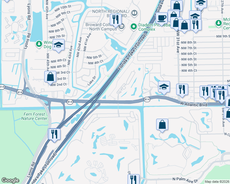 map of restaurants, bars, coffee shops, grocery stores, and more near 3575 West Atlantic Boulevard in Pompano Beach