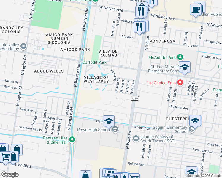 map of restaurants, bars, coffee shops, grocery stores, and more near 2617 North 40th Street in McAllen